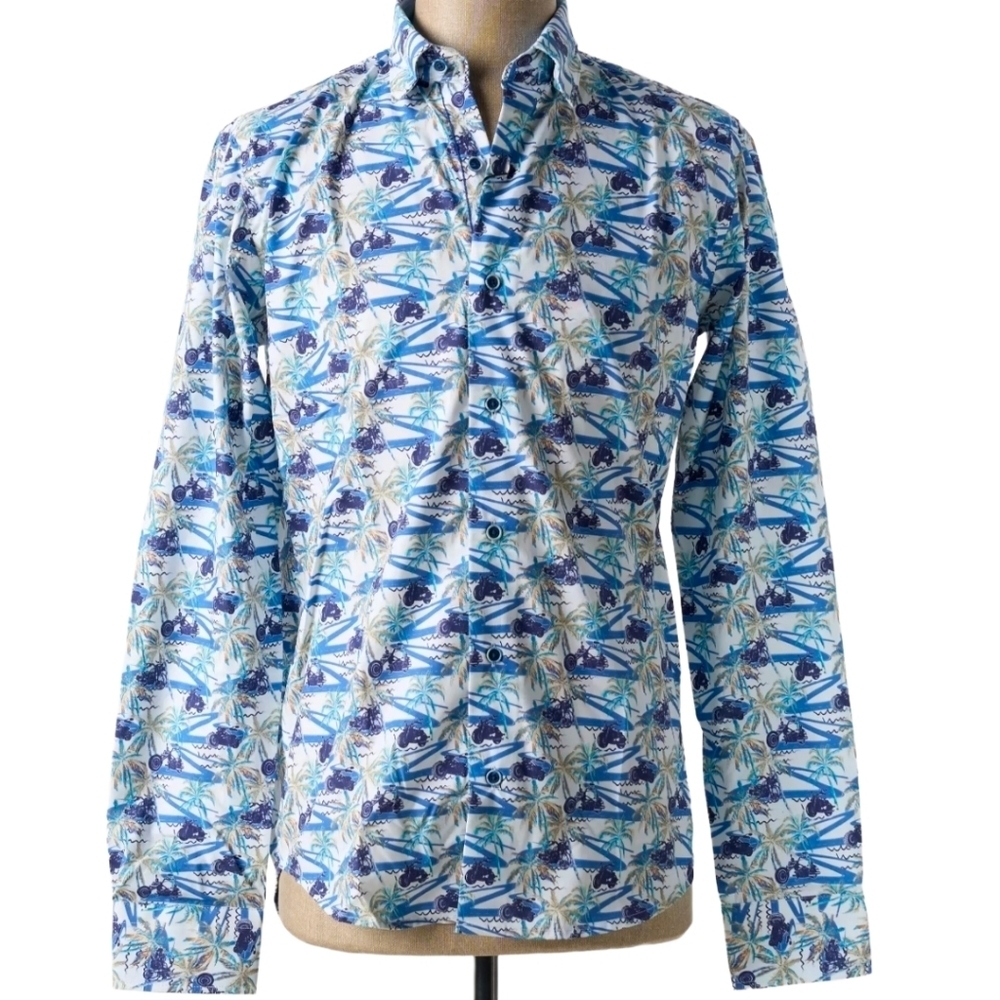 Dario Beltran Button Down Slim Fit Mens XL Made In Spain Tropical Palm Trees ATV